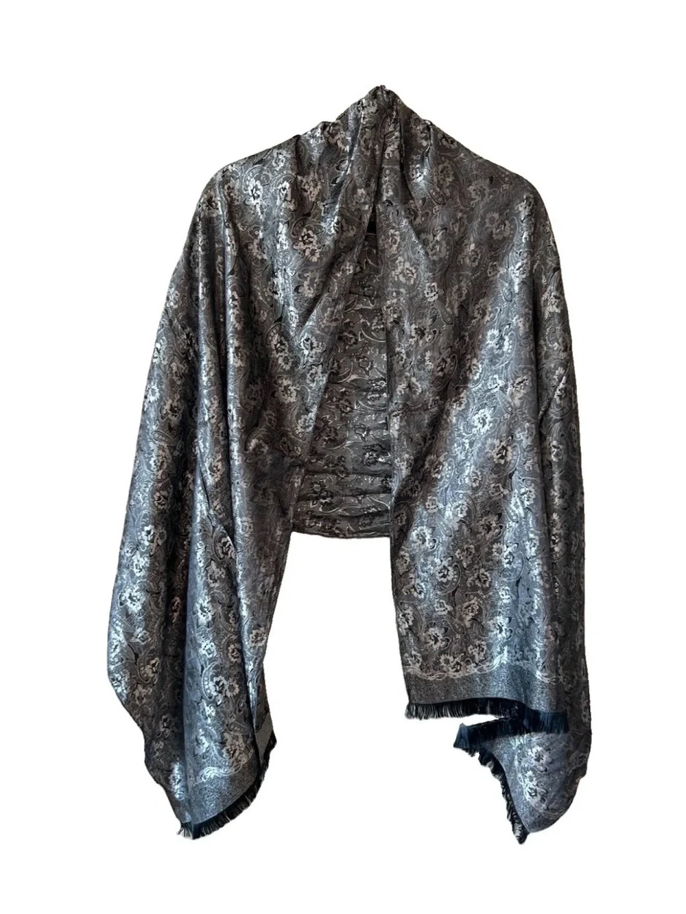 Vintage Thai Silk 100% Silk Shawl Wrap Silver Black Paisley Brocade Fringe 73in